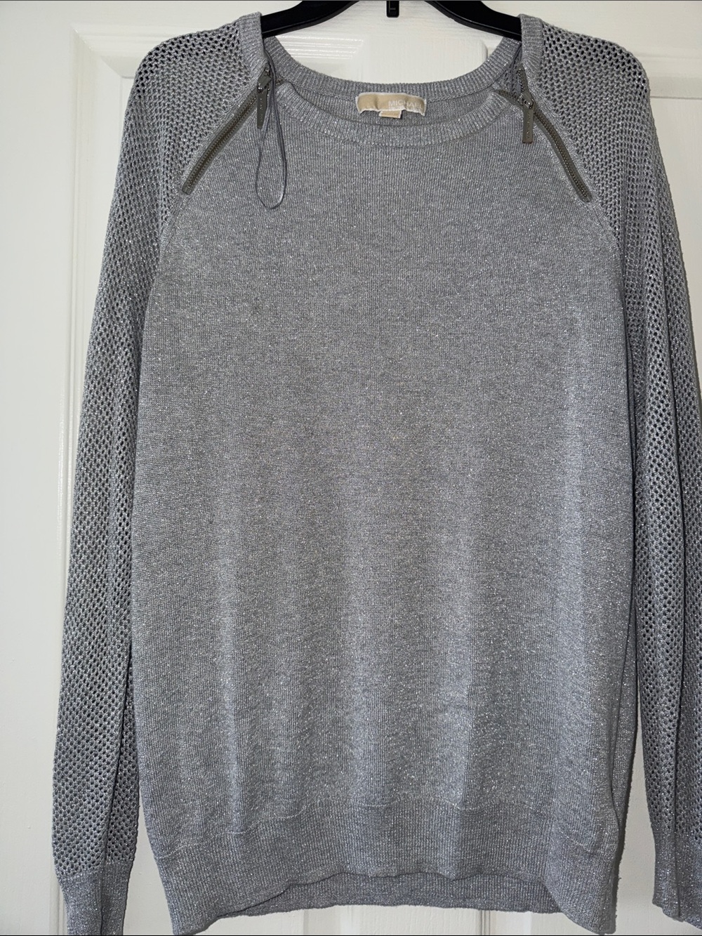 Michael Kors glitter silver Crewneck Sweater with Mesh Sleeves and Shoulder Zips
